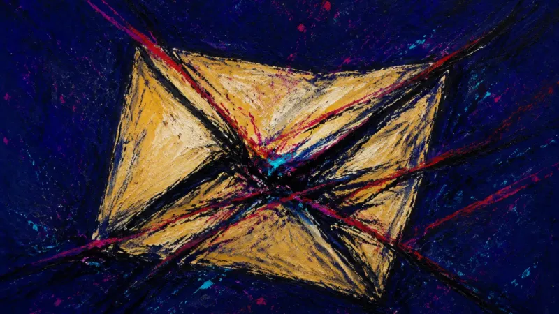 A crushed envelope tangled in heavy strokes, symbolizing anger suppressed to preserve a fragile but5