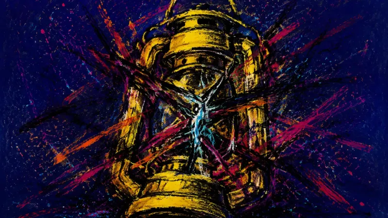 Lantern Under Pressure A lantern collapsed inward and tangled in lines, representing endless self-help consumption and dis