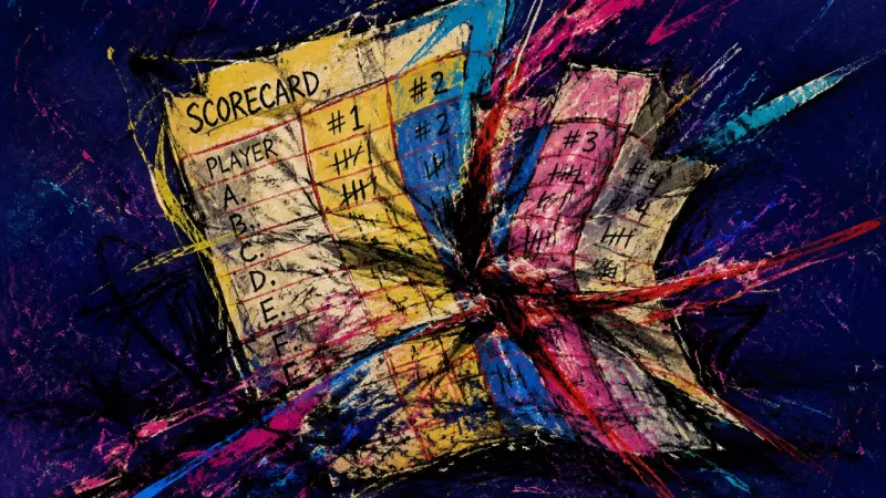 Scoreboard Pressure An abstract scorecard represents shame and envy as public achievement becomes a cramped measure of