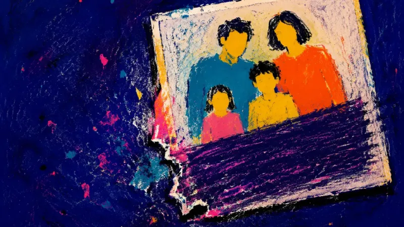A family photograph with its caption erased, symbolizing the pressure to hide hurt behind a polished