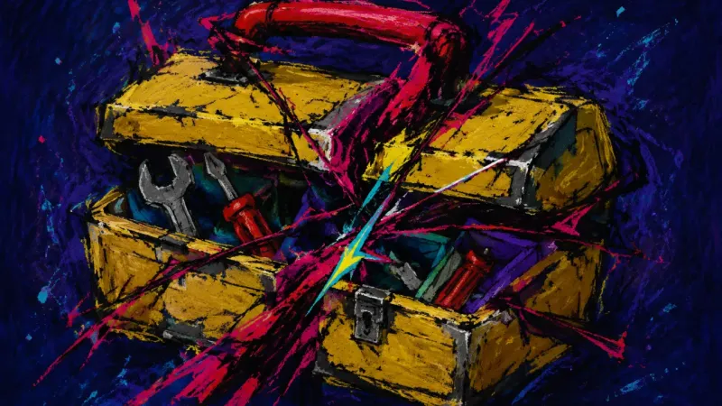 Overpacked Toolbox A crushed toolbox with tangled tools representing career anxiety when security metrics overwhelm i