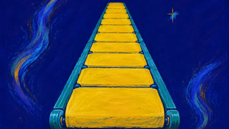 A restored conveyor belt forms one orderly sequence, representing a study restart guided by small,  