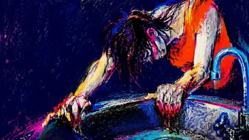 A cropped figure folds over a kitchen sink and grips its rim, symbolizing guilt-driven surrender 