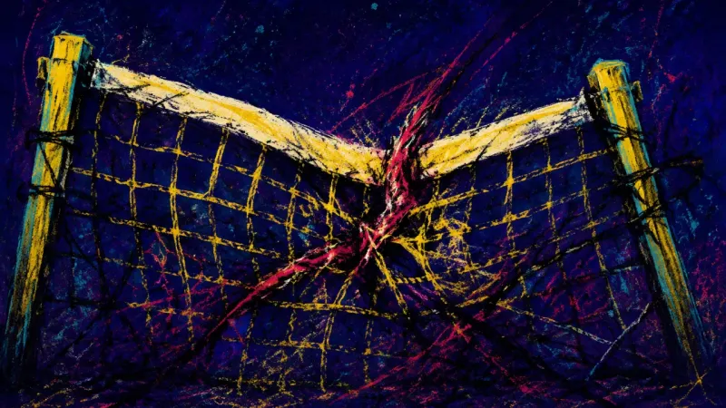 The Yielding Line A buckled tennis net strangled by tangled lines, representing family boundary guilt and collapse