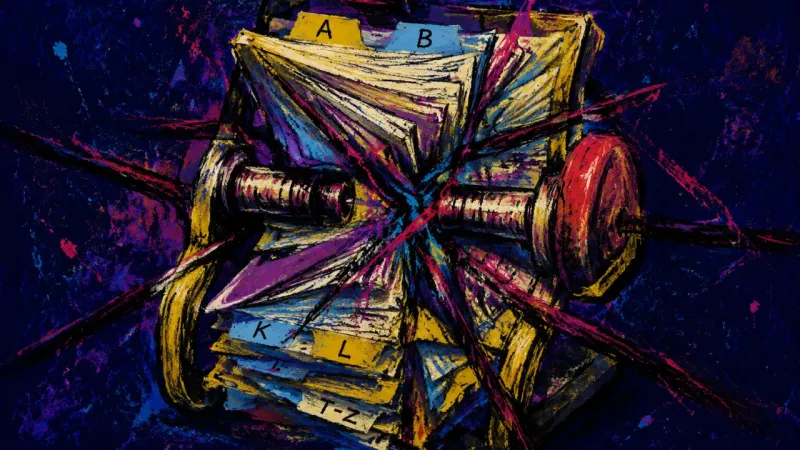 A compressed Rolodex tangled into a closed block, representing career paralysis when status over