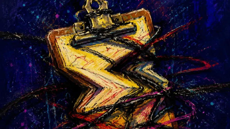 Clipboard Under Sentence A distorted clipboard bound by tangled marks, representing capstone avoidance, perfectionistic