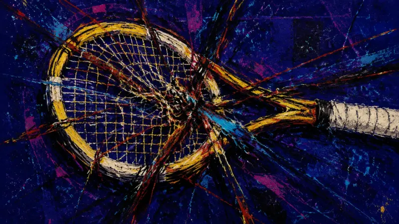 The Overstrung Racket A crushed tennis racket tangled by harsh lines represents career indecision trapped by expanding