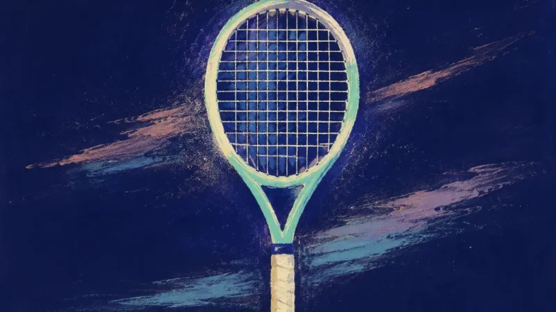 Tension Rebalanced A restored tennis racket with an orderly string grid represents career uncertainty becoming a clear,