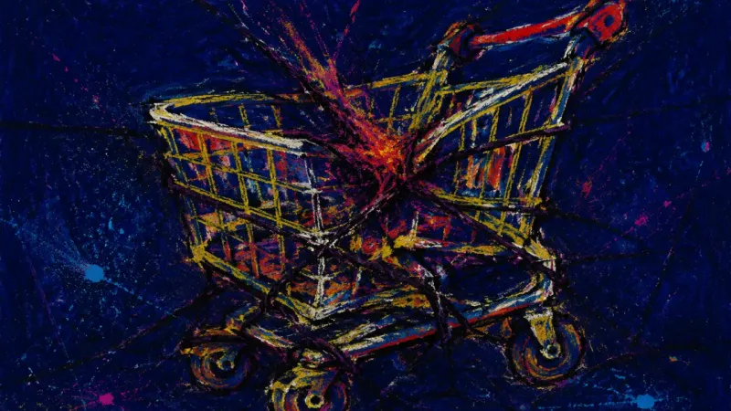 Consent Under Load A crushed shopping cart tangled in harsh lines, representing approval-seeking that erodes boundaries