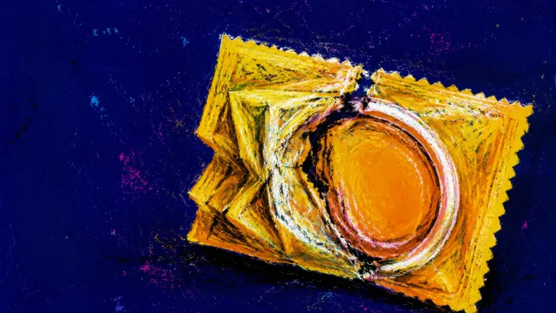 Desire Before Evidence An unopened condom packet crushed around its inner ring, symbolizing intense attraction overridingse