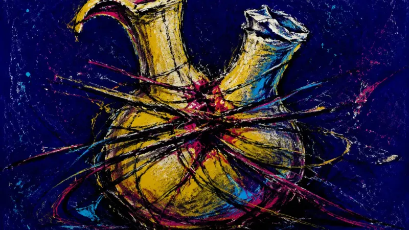 The Overruled Vessel A warped double-neck flask represents intense attraction overpowering core values, leaving relati