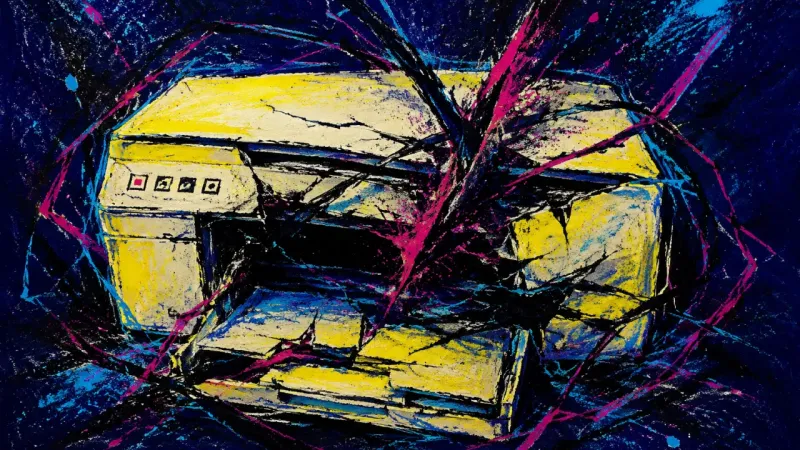 Blocked Output An abstract printer crushed by chaotic lines, representing meaning-loss procrastination, disengaged