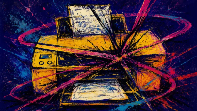 Jammed Revision Loop An abstract printer trapped in a chaotic revision loop, symbolizing perfectionism and fear of