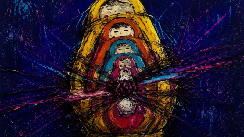 Crushed Inner Layers A distorted nesting doll bound across every layer, representing oversharing driven by belonging fear