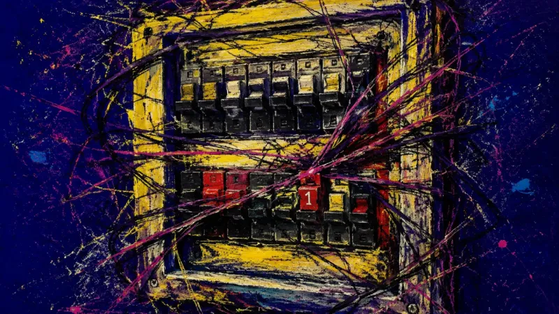 Thresholds Overridden A circuit breaker panel buckles beneath tangled lines, representing urgency that overrides limits, 1