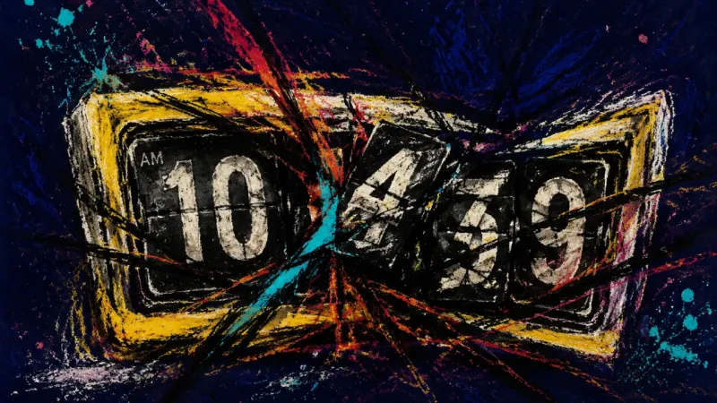 Jammed Waiting A warped flip clock with scrambled number tiles, representing anger and self-silencing during delays