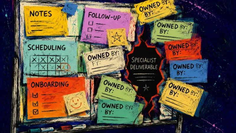 A crowded meeting whiteboard where support tasks obscure a specialist deliverable, symbolizing unack