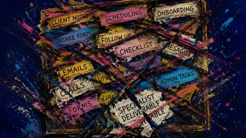 A distorted bulletin board crowded by support tasks, representing specialist work hidden by office