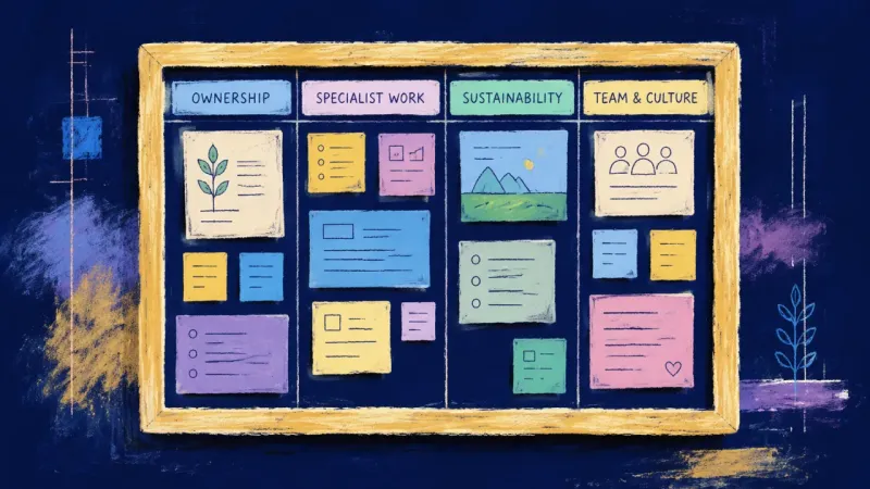 An orderly bulletin board showing named owners and specialist deliverables, representing balanced�