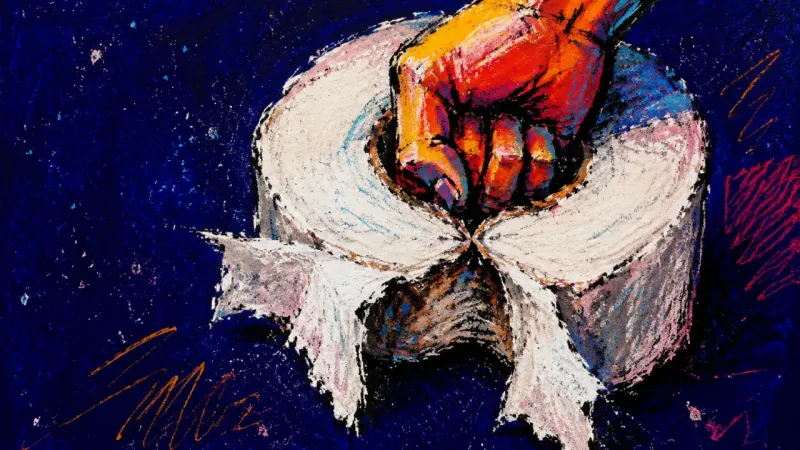 A toilet roll crushed into a pinched figure-eight, symbolizing the strain of carrying conflict b