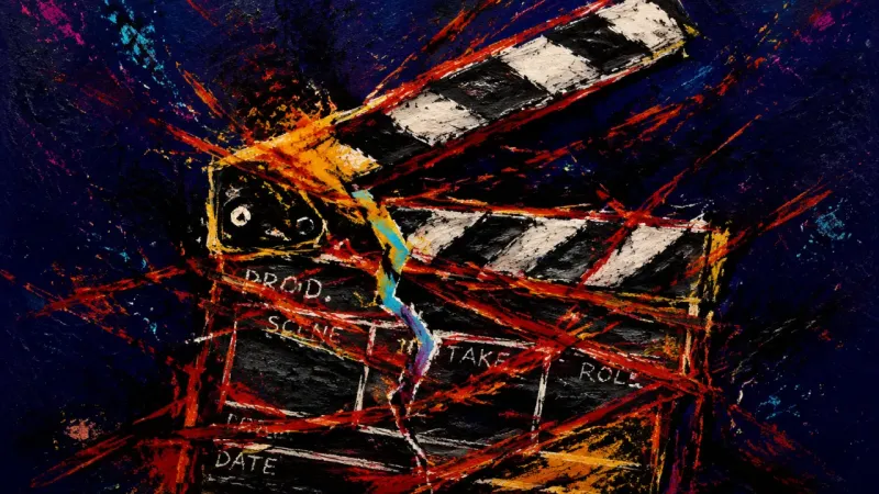 Verdict on Repeat A crushed clapperboard bound by chaotic lines, representing coursework avoidance when each task