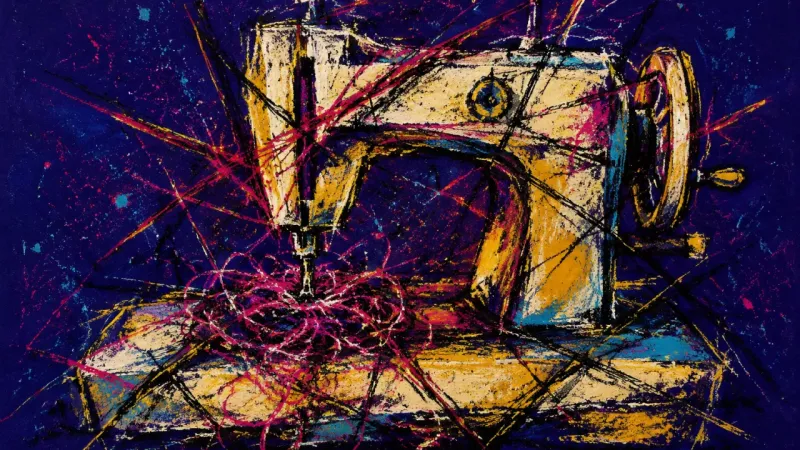 Jammed Practice An abstract sewing machine represents insight trapped in preparation, where practice and forward