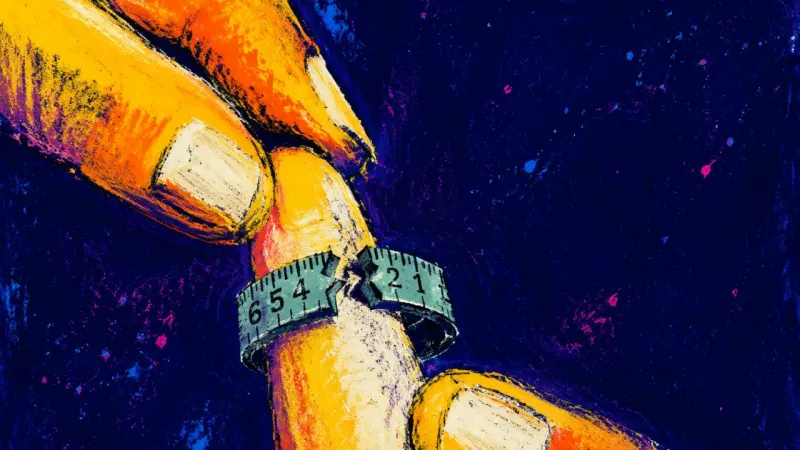 Premature Circle A ring sizer buckled halfway around a finger, symbolizing the urge to secure commitment before a2024