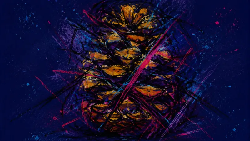 A compressed pinecone bound by tangled marks, representing career stagnation and fear-driven 