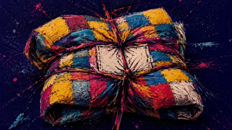 Future Under Compression A quilt crushed into a tangled patchwork, representing fantasy attachment crowding out real