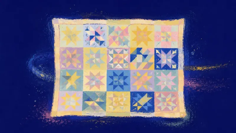 Pattern Reclaimed An unfolded quilt with an even pattern, representing fantasy attachment resolved through evidence,