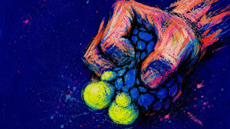 Composure Under Pressure A hand crushes a stress ball through its torn net sleeve, symbolizing the effort to contain feelings