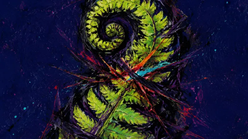 Frond Under Siege A fern frond is crushed into a bound spiral, representing emotional suppression, choice paralysis,