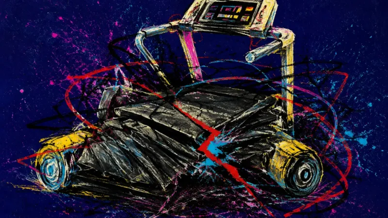 A treadmill crushed into a tangled jam, representing status anxiety and the oppressive cycle of comp