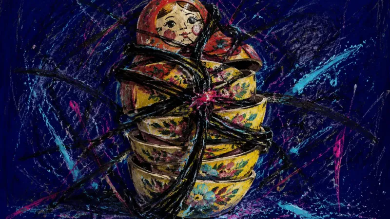 Layers Without Shelter A nesting doll split into tangled layers, representing premature disclosure, exposed boundaries, and