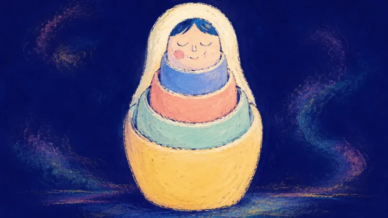 Layers in Rhythm A nesting doll restored in balanced layers, representing paced reciprocity, protected privacy, and a