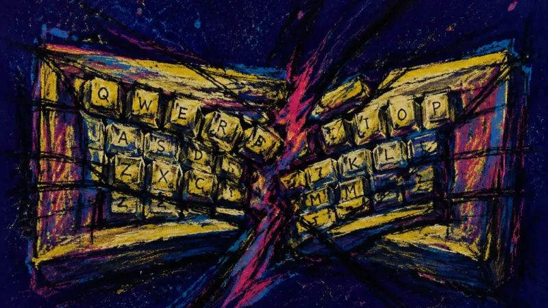 Jammed Keystrokes A keyboard crushed into a chaotic block, representing meaning-driven procrastination and the