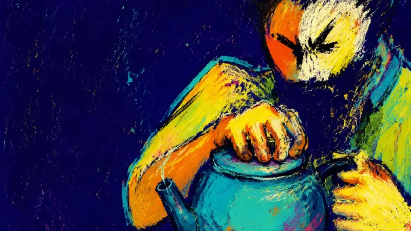 A folded figure grips a kettle without pouring, reflecting paralysis over a job offer whose already