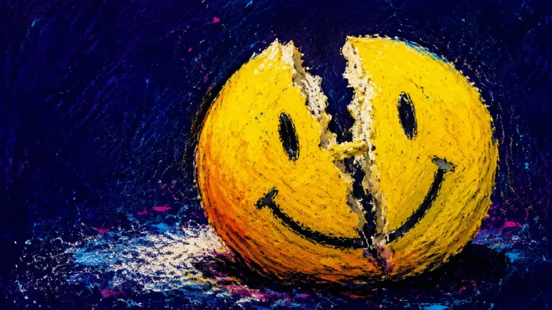 Ruptured Relief A split desk stress ball with a crushed smile symbolizes the anxiety that follows an impulsive job-p