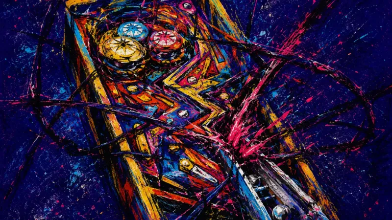 Crushed Momentum A crushed pinball machine with tangled lanes represents career urgency, reactive choices, and doubt