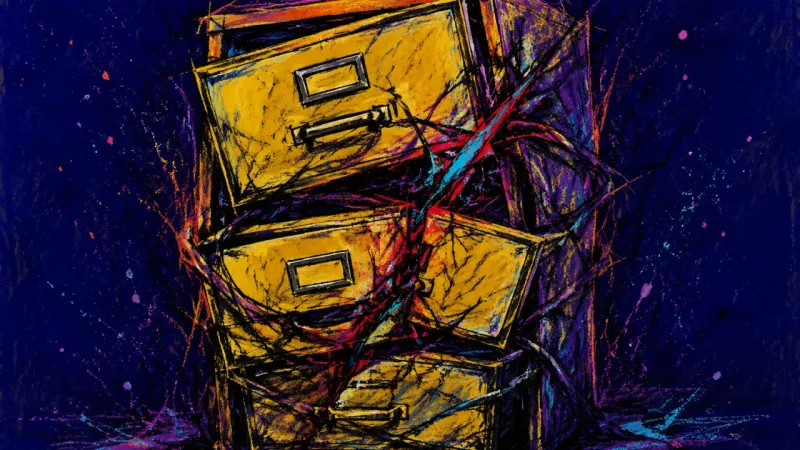 Compressed Archive An office filing cabinet crushed into a jammed block, representing compulsive overwork and fear of