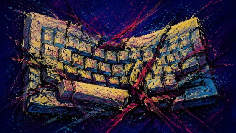 Drafting Gridlock A distorted keyboard tangled in dense marks represents perfectionism and procrastination blocking a