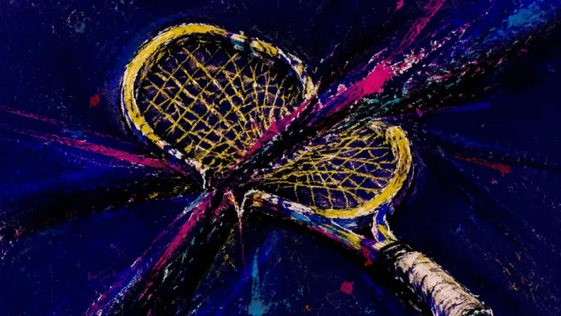 Strangled Exchange A deformed tennis racket is trapped in tangled lines, representing self-silencing and the pressure