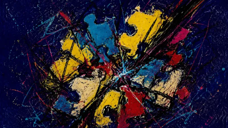 Jammed Judgment An abstract jigsaw puzzle compressed into a tangled mass, representing decision paralysis and fear