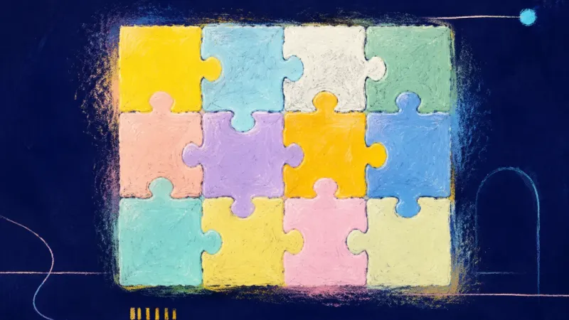 The Revisable Whole An abstract jigsaw puzzle restored to balanced order, representing calm decision-making and self-tru