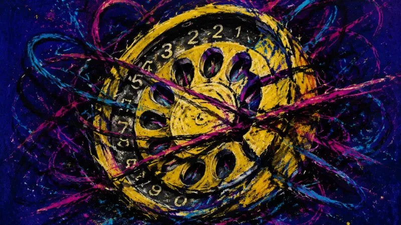Dial Under Siege A crushed rotary dial trapped by looping marks, representing relational limbo and fear of acting 