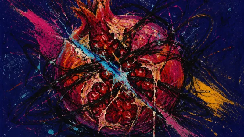 Crushed Inner Chambers A distorted pomegranate with compressed chambers represents approval anxiety, self-editing, and lost