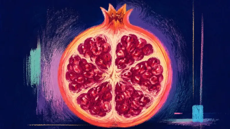 Authorship Restored A restored pomegranate with balanced chambers represents approval anxiety resolving into self-trust,