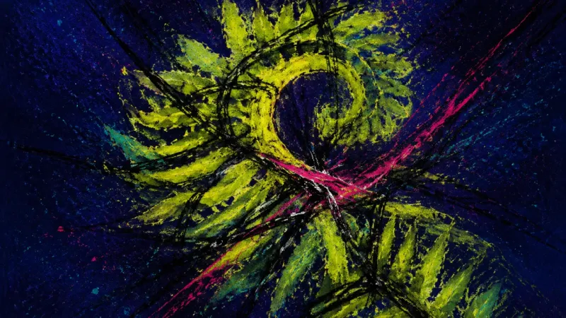 Frond Under Siege A tightly coiled fern frond bound by chaotic lines, representing self-silencing, social hypervigil