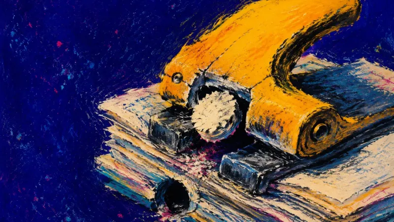 The Unclaimed Load A jammed two-hole punch trapped over meeting agendas, symbolizing the hidden burden of uncredited 