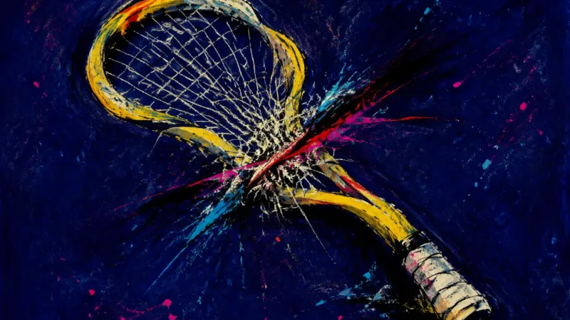The Crushed Rally A buckled tennis racket trapped in knotted lines, representing scattered exhaustion and career drift